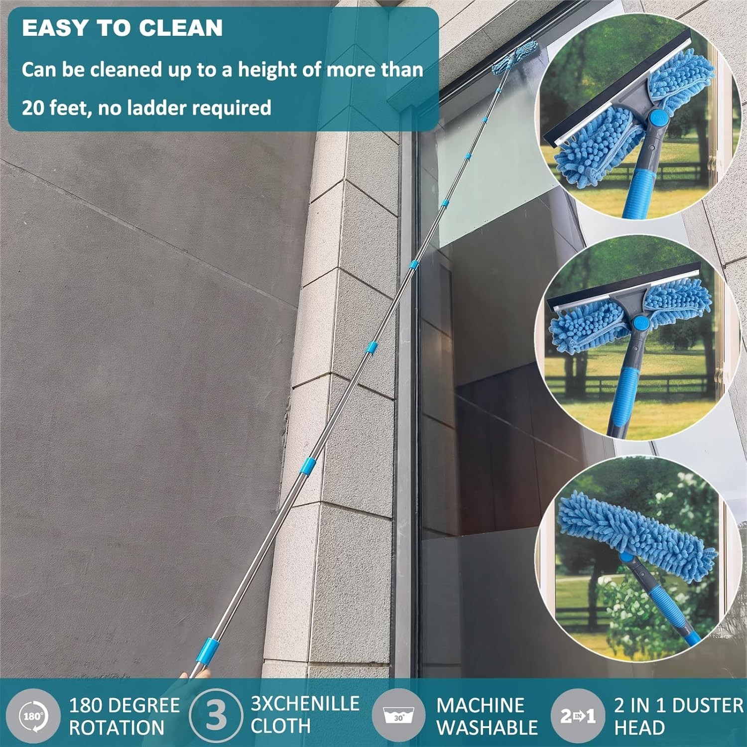 2-in-1 Window Cleaner Kit with 3-14 Ft Extension Pole for Indoor/Outdoor Use