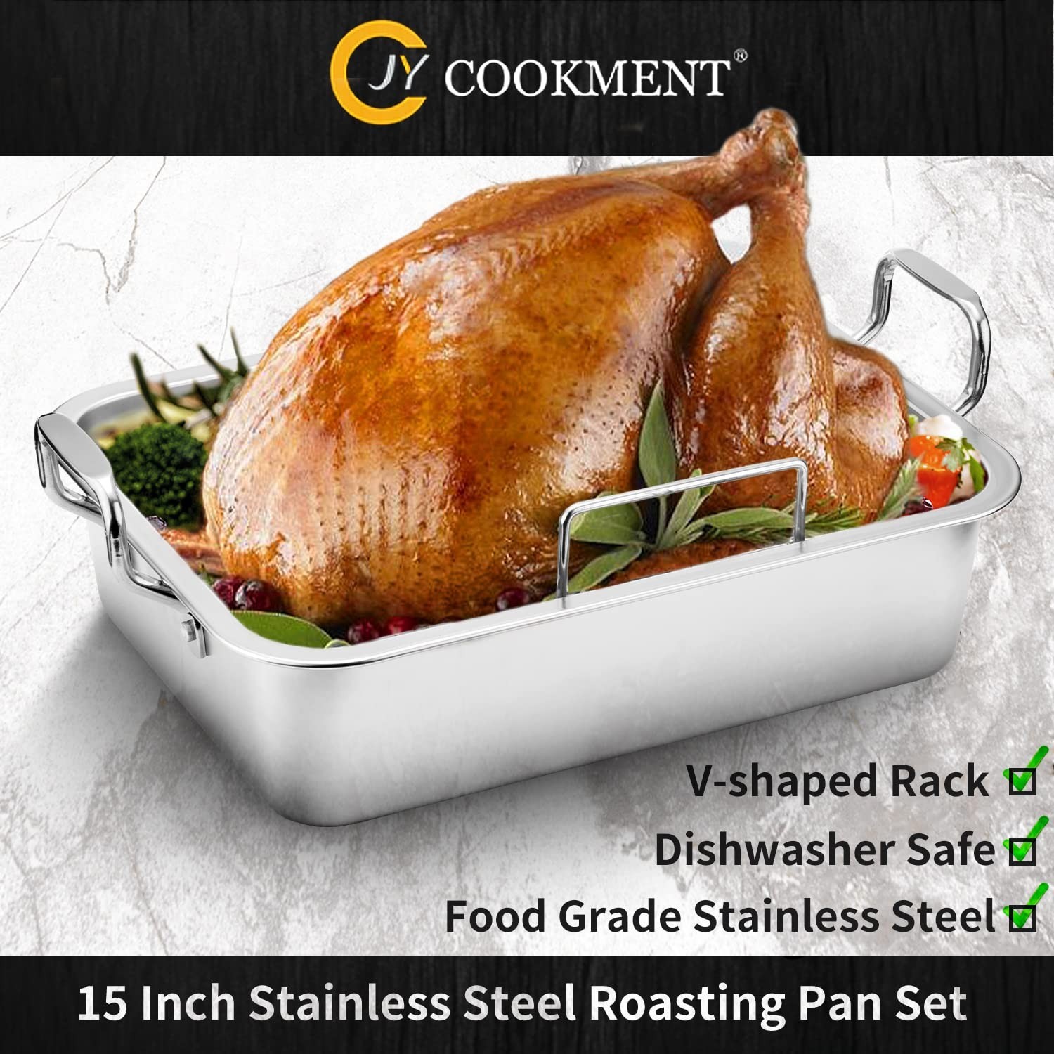 15 Inch Stainless Steel Roasting Pan with V-Shaped Rack and Turkey Baster – R…