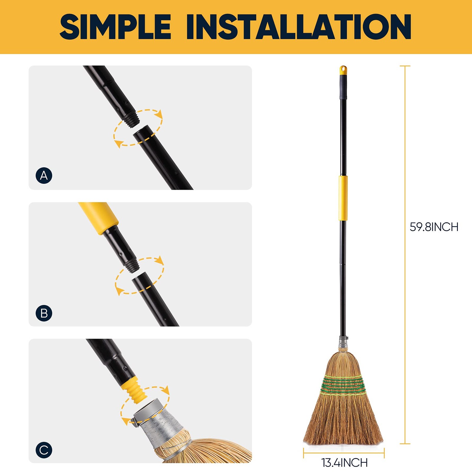Heavy-Duty Corn Broom Commercial Indoor Outdoor Broom 59.8 inch Tall for Cour…