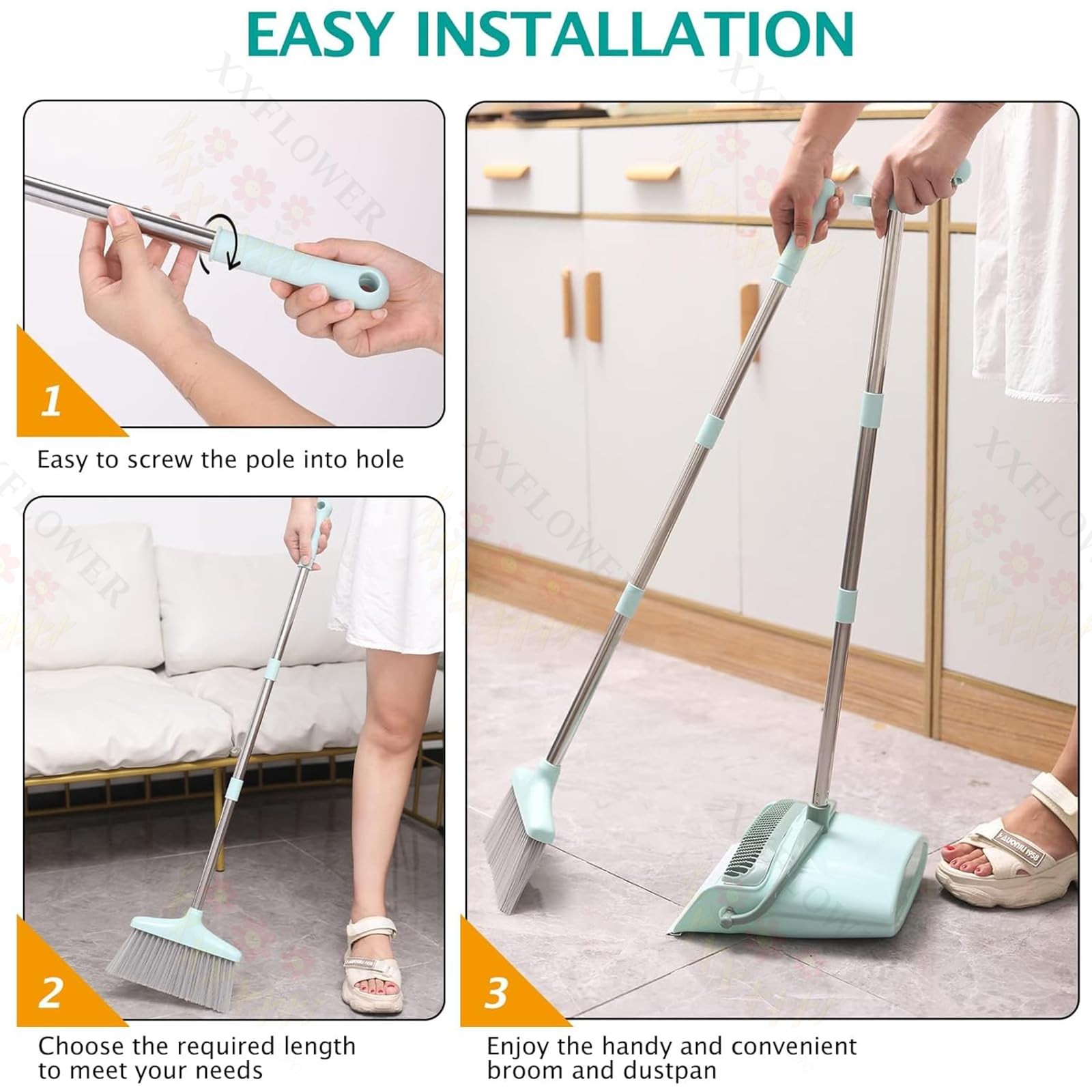 Broom & Dustpan Set W/ Cleaning Teeth 55″ Long Handle Indoor Sweeping Broom Set