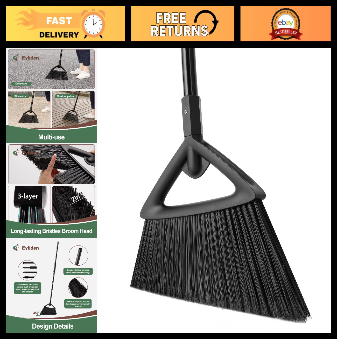 Heavy-Duty Angle Broom 57″ Long Handle – Indoor/Outdoor Cleaning Tool, Fine Dust