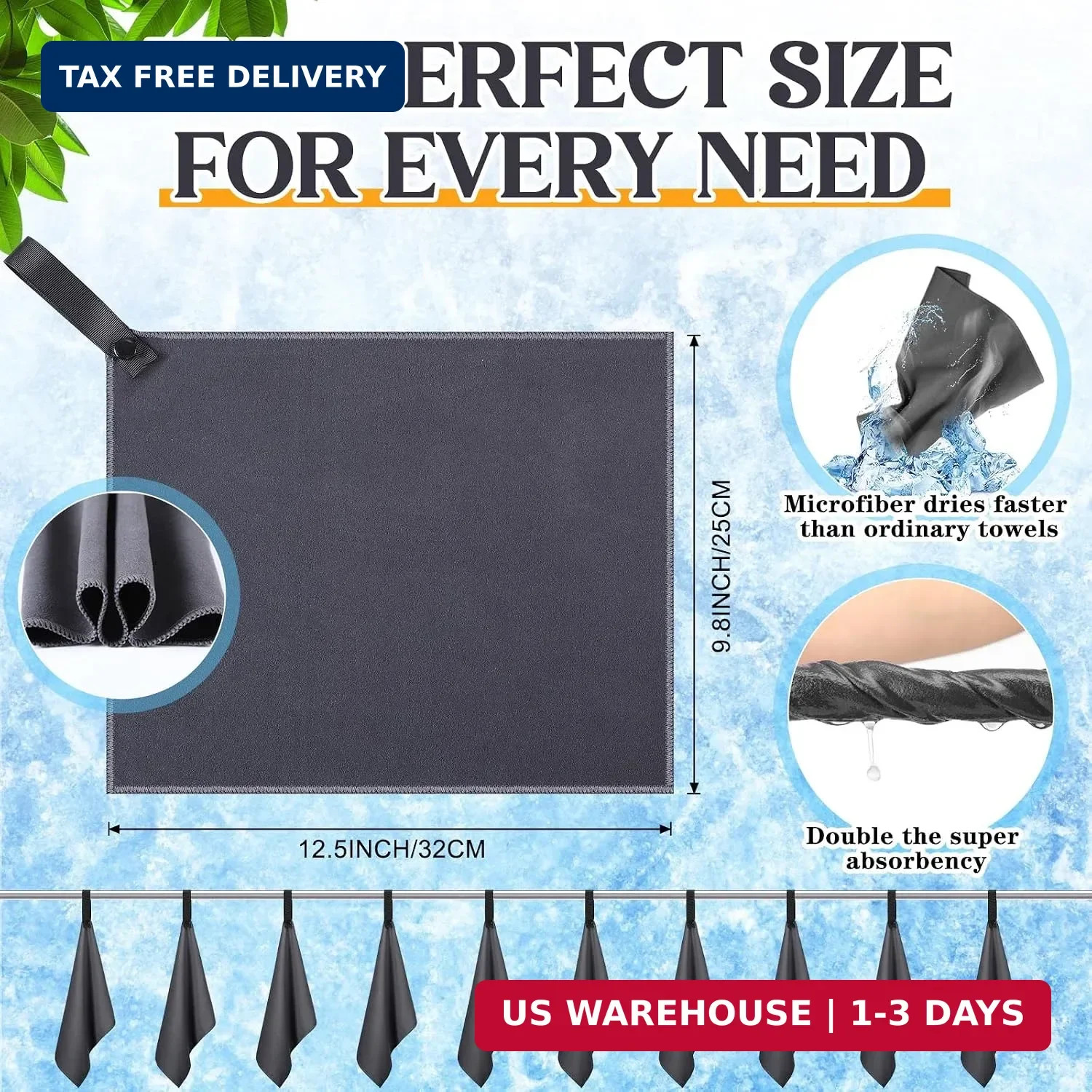 10 Count Quick Dry Microfiber Camping Towels 25×32 cm Travel Hand and Face Towel