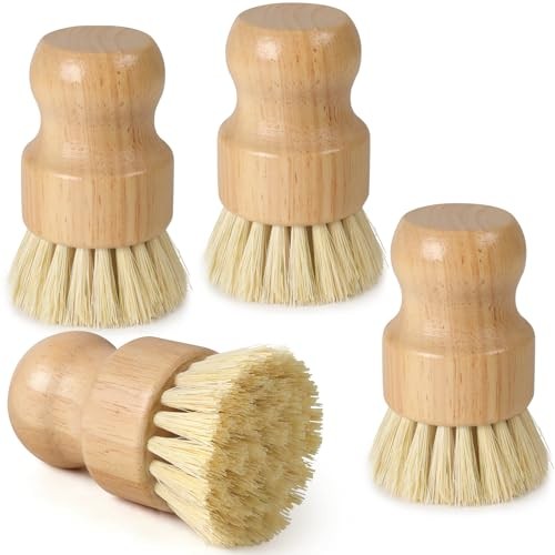 Bamboo Dish Brush Set – Natural Kitchen Scrub Brush with Sisal Bristles – 4 Pack