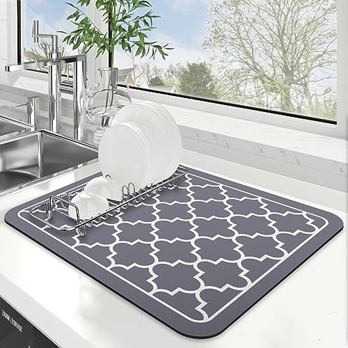 Dish Drying Mat Super Absorbent Drying Mat Large Dish 18″ x 15″ Stylish Grey