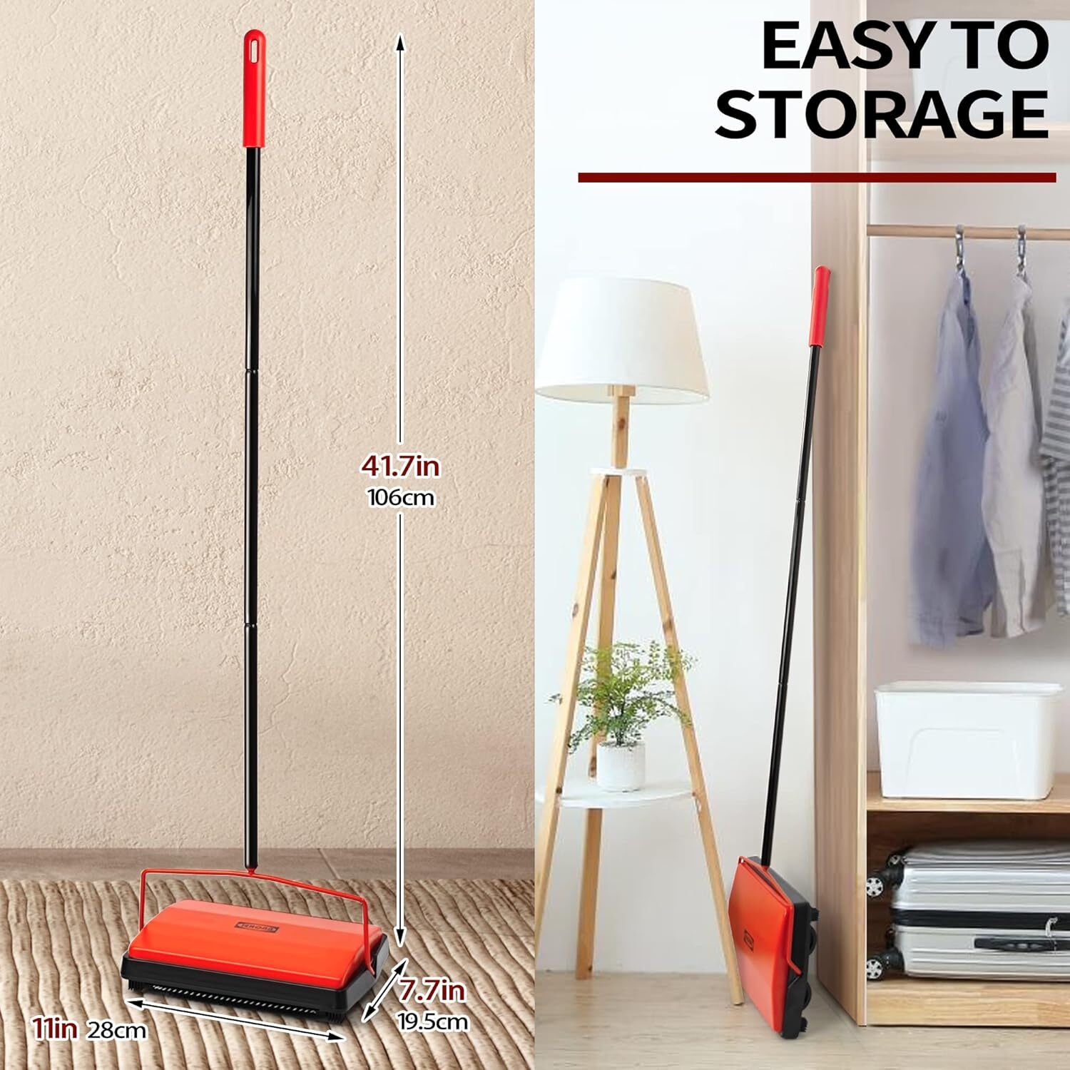 Carpet Floor Sweeper Manual with Horsehair, Non Electric Rug Roller Brush Push