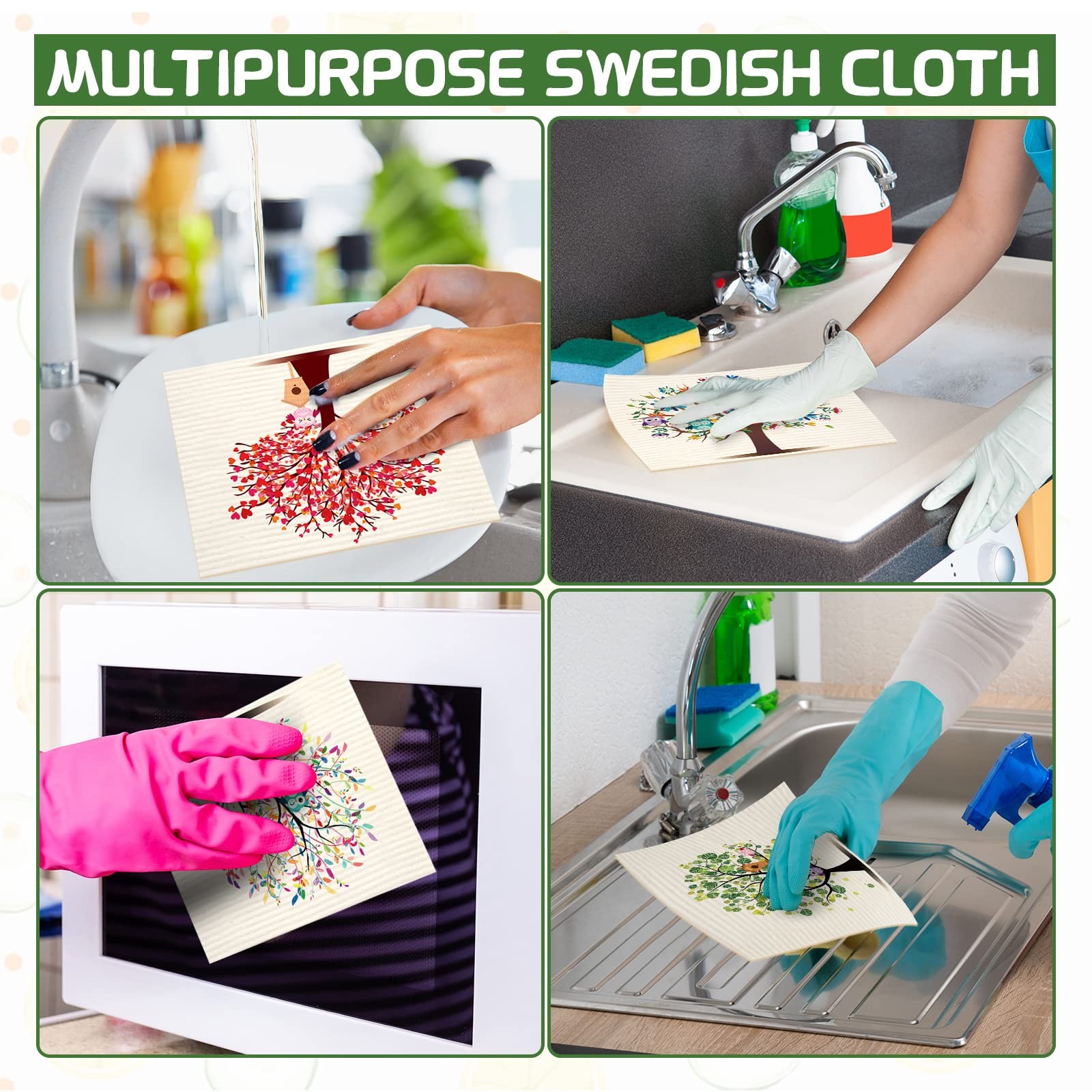 8 Pieces Swedish Kitchen Dishcloths Mixed Trees Owls Washable Reusable Sponge…