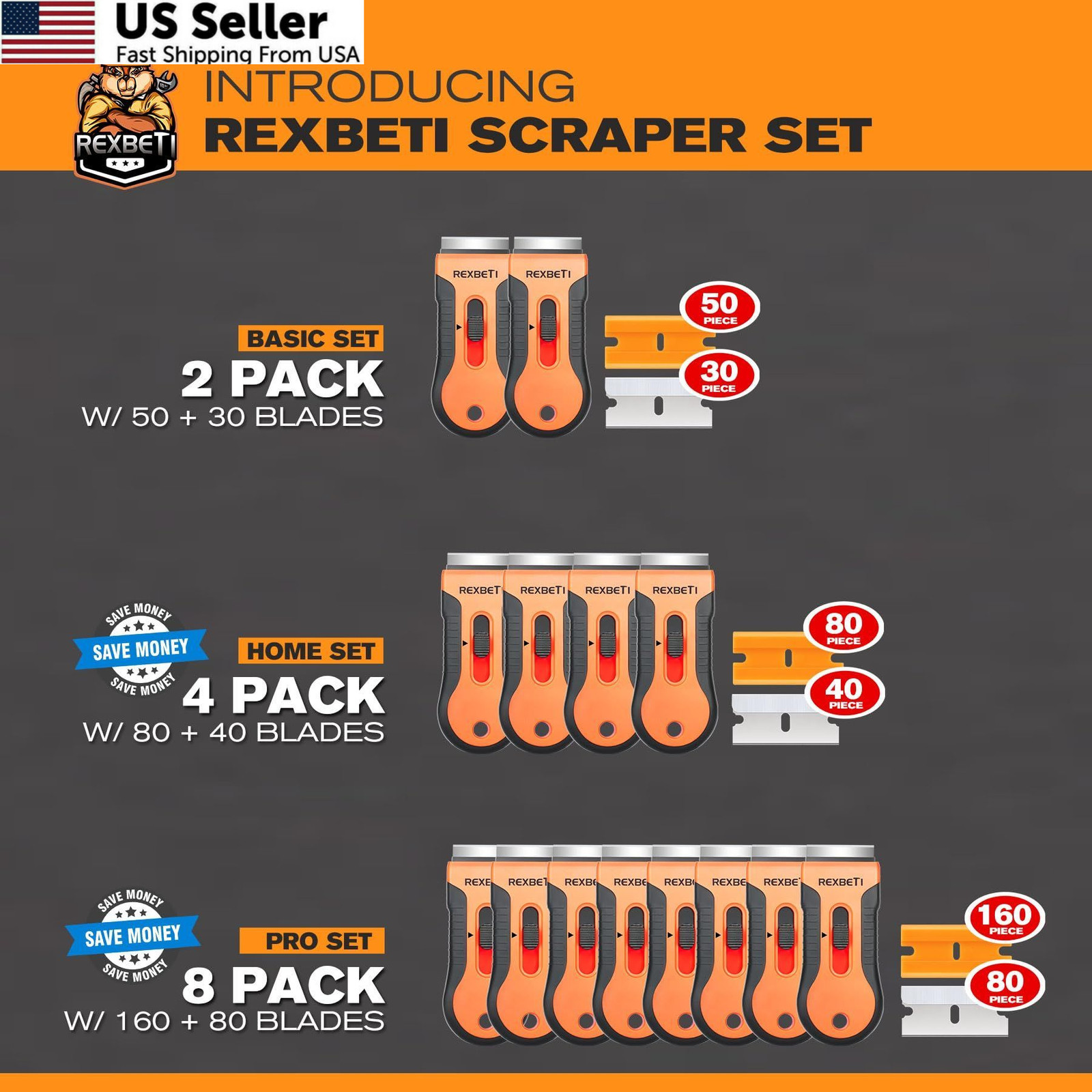 REXBETI Razor Blade Scraper Tool, 2 Pack Set 2 Pack, Orange