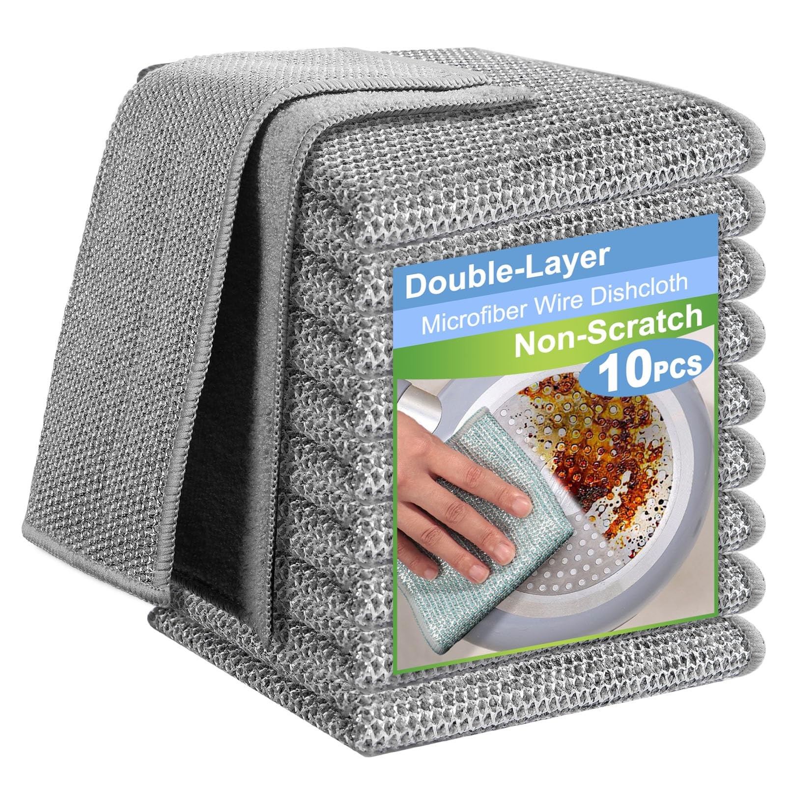 10pcs New Upgrade 2-Layer Microfiber Wire Dishcloth,Non-Scratch Wire Dishwash…