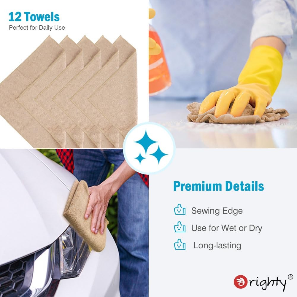 Microfiber Cleaning Cloth, Cleaning Rags, 12 Pack, 12×11 In, Brown | Microfiber