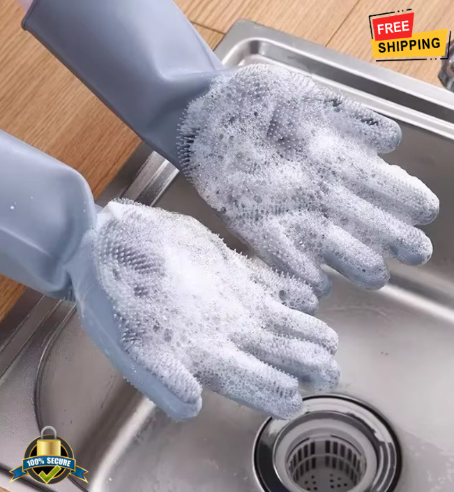 Magic Silicone Dishwashing Gloves Rubber Scrubber Gloves Kitchen Cleaning Tools
