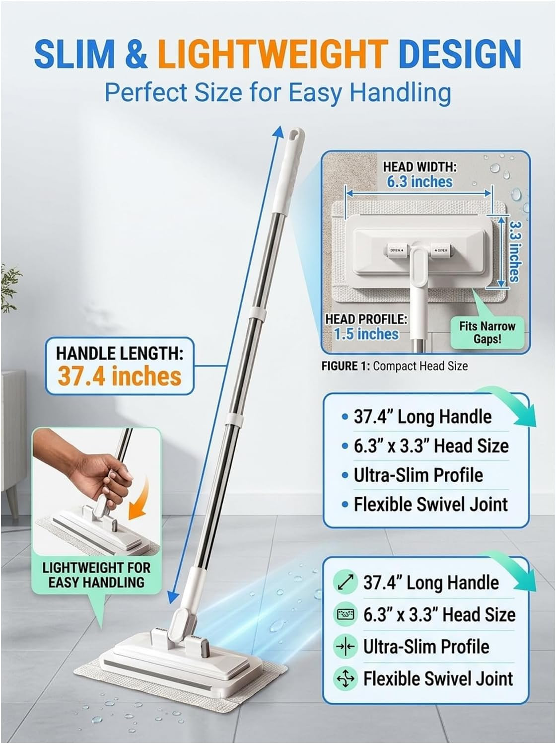 Hands-Free Multi-Purpose Flat Mop – Lazy Cleaning & Face Towel Compatible 39In L