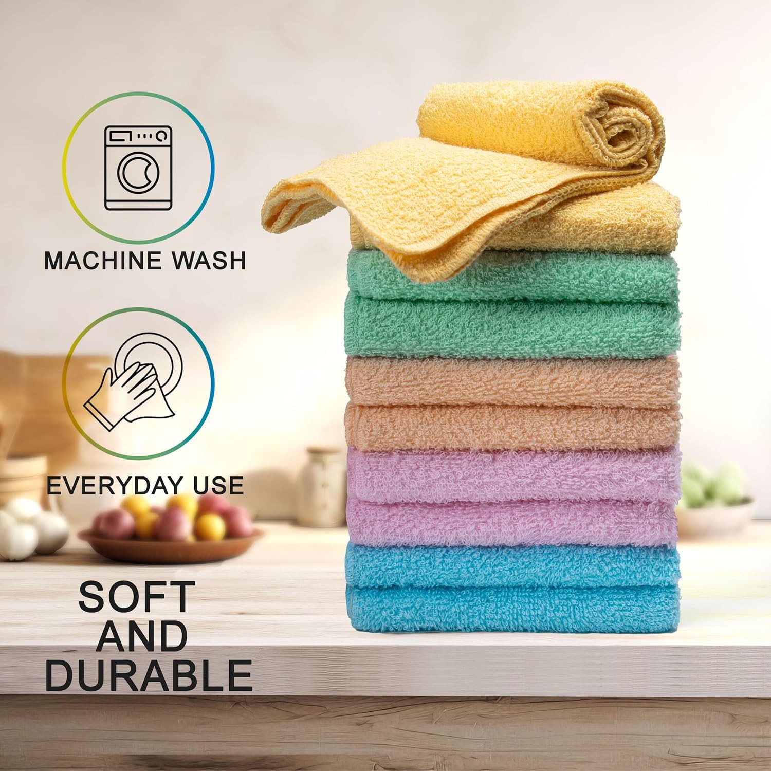 Terry Washcloths – 12×12 Inches – Pack of 10 – Multicolor – Highly Absorbent,