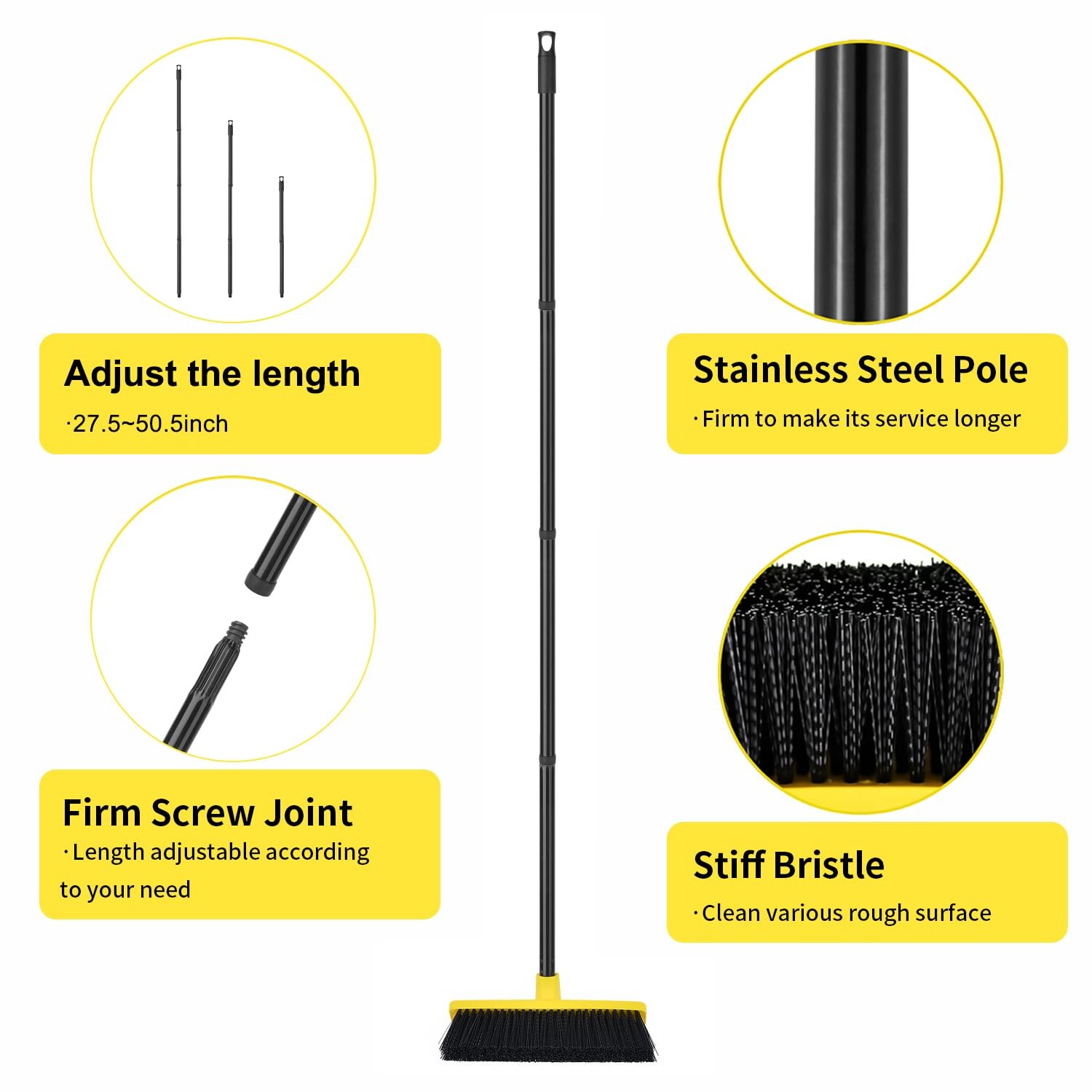 Push Broom Outdoor Indoor 12″ Wide,50″ Long Handle with Yellow Pp