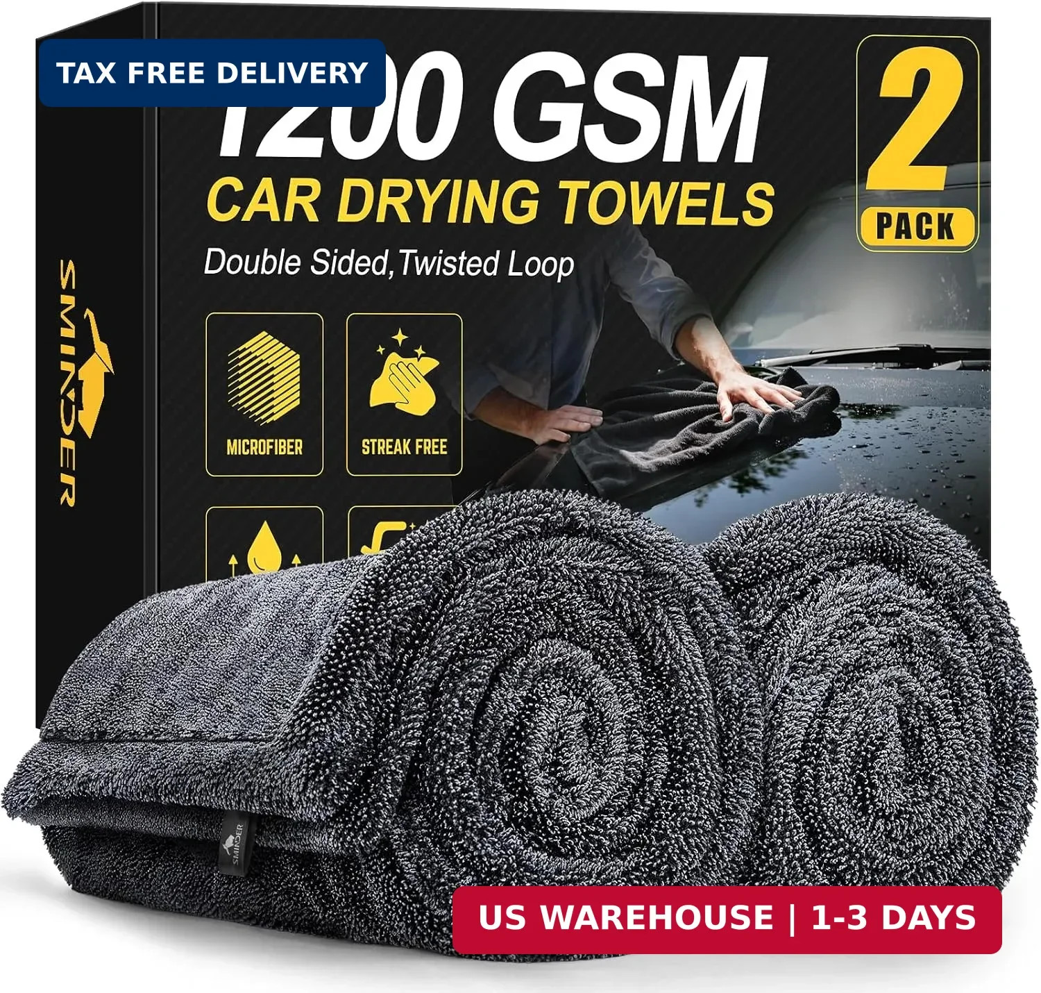SMINDER 2-Pack 1200 GSM Car Drying Towels – Microfiber Towels for Cars (36″ x 24