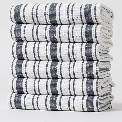 Kitchen Towels Set – (20’’ x 30’’) Extra Pack of 6 Dark Grey Multi Striped