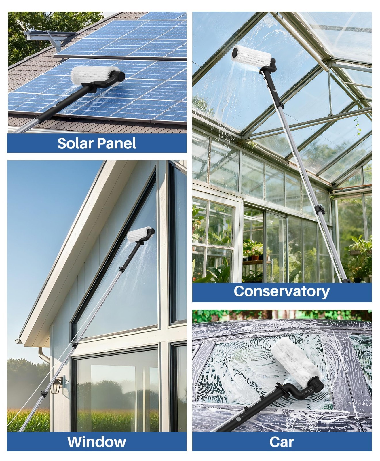 Extendable 20Ft Electric Solar Panel Cleaning Brush & Pole Kit, 2 Speed, Soap Di