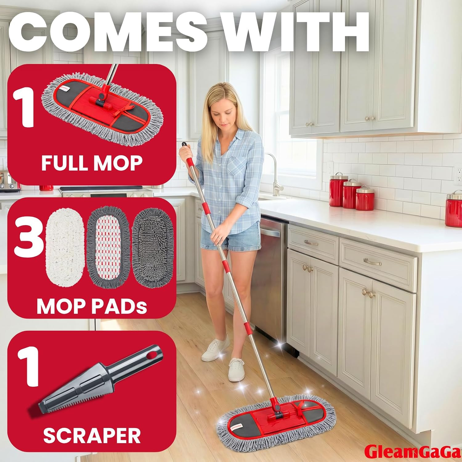 Dust Mop for Floor Cleaning with 3 Washable Pads, 14.4” × 5.1” Flat Mop Head, 62
