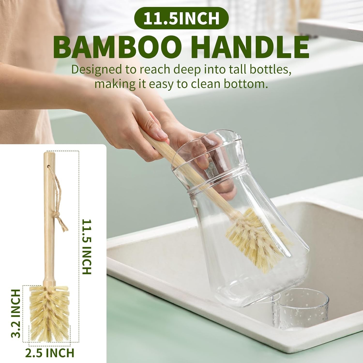 Natural Bamboo Cup Cleaning Brush Set of 2 – 11.5 Inch Sisal Bristle Bottle