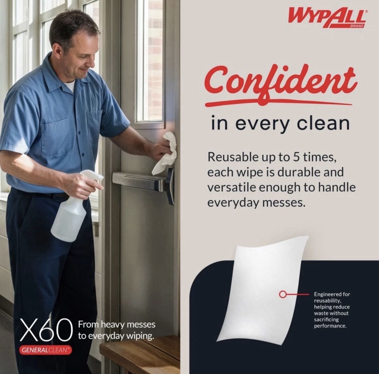 WypAll X60 Reusable Task Wipe 8.34″ x 16.8″ 34790 1 Box / 118 Wipes