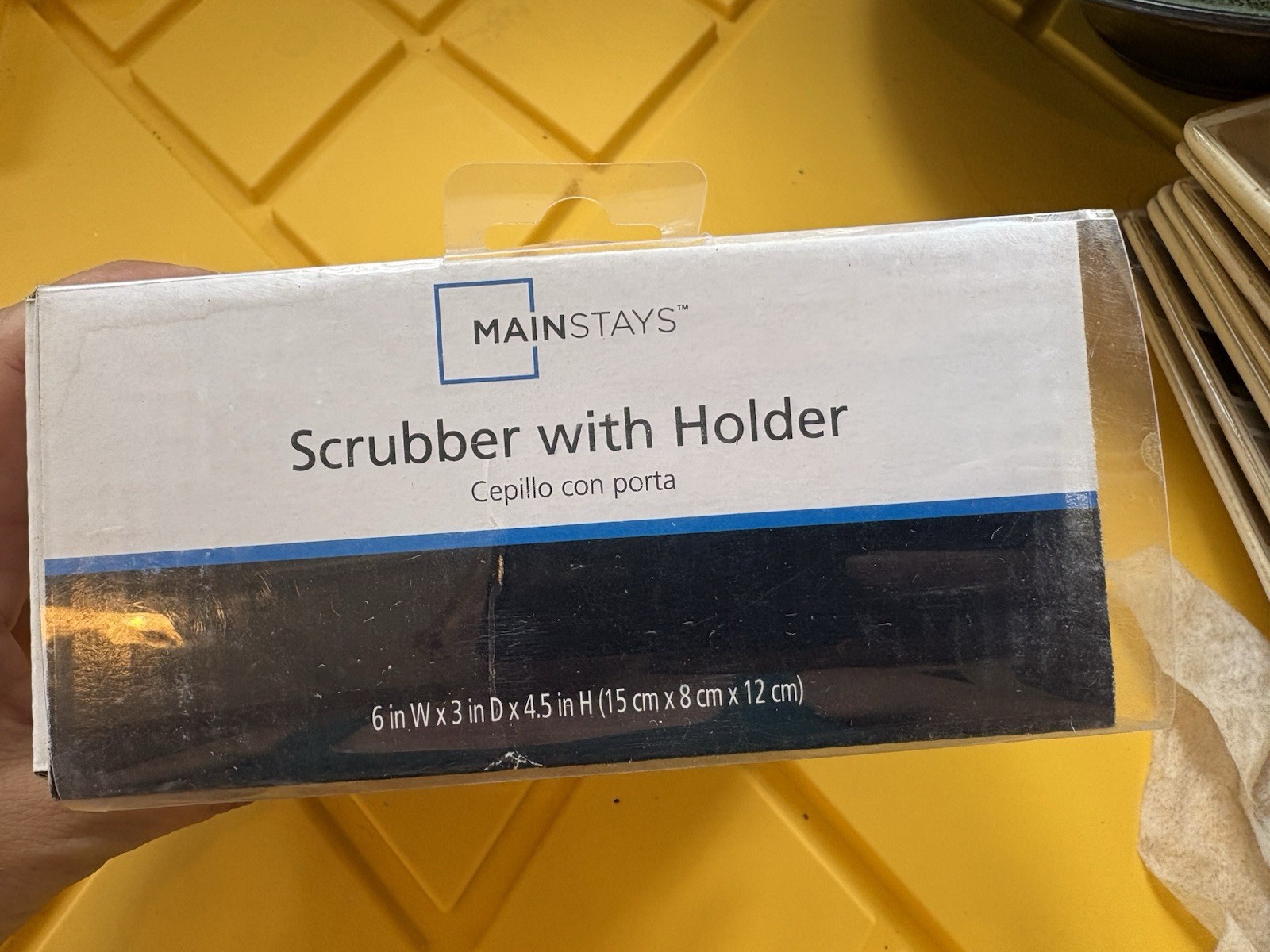 Mainstays Bird Theme Scrubber w/ Holder, Blue & White Ceramic, 6x3x4.5 in