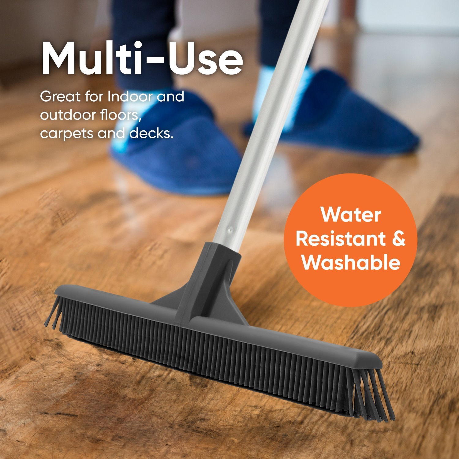 Slim Silicone Household Broom, Rubber Broom with 48″ 3-part Handle