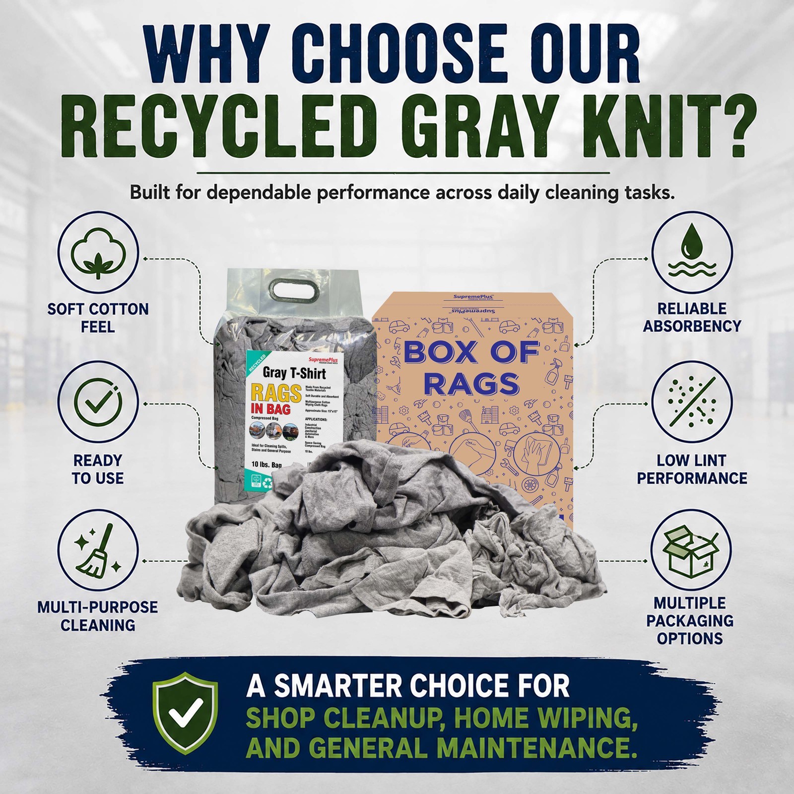 Gray Knit T-Shirt Rags Bulk Cotton Shop Rags Multipurpose Cleaning Wipers – Bags