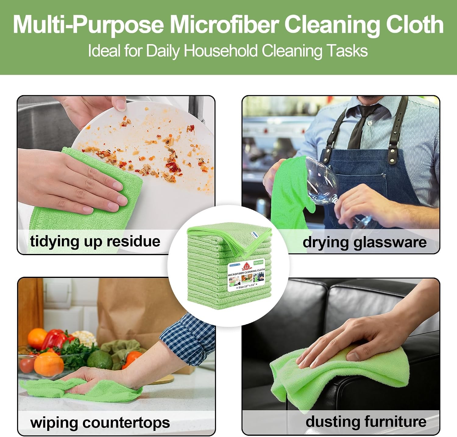Microfiber Cleaning Cloth, 12 Pack Green Cleaning Rags,12″ X 11″ Lint Dish