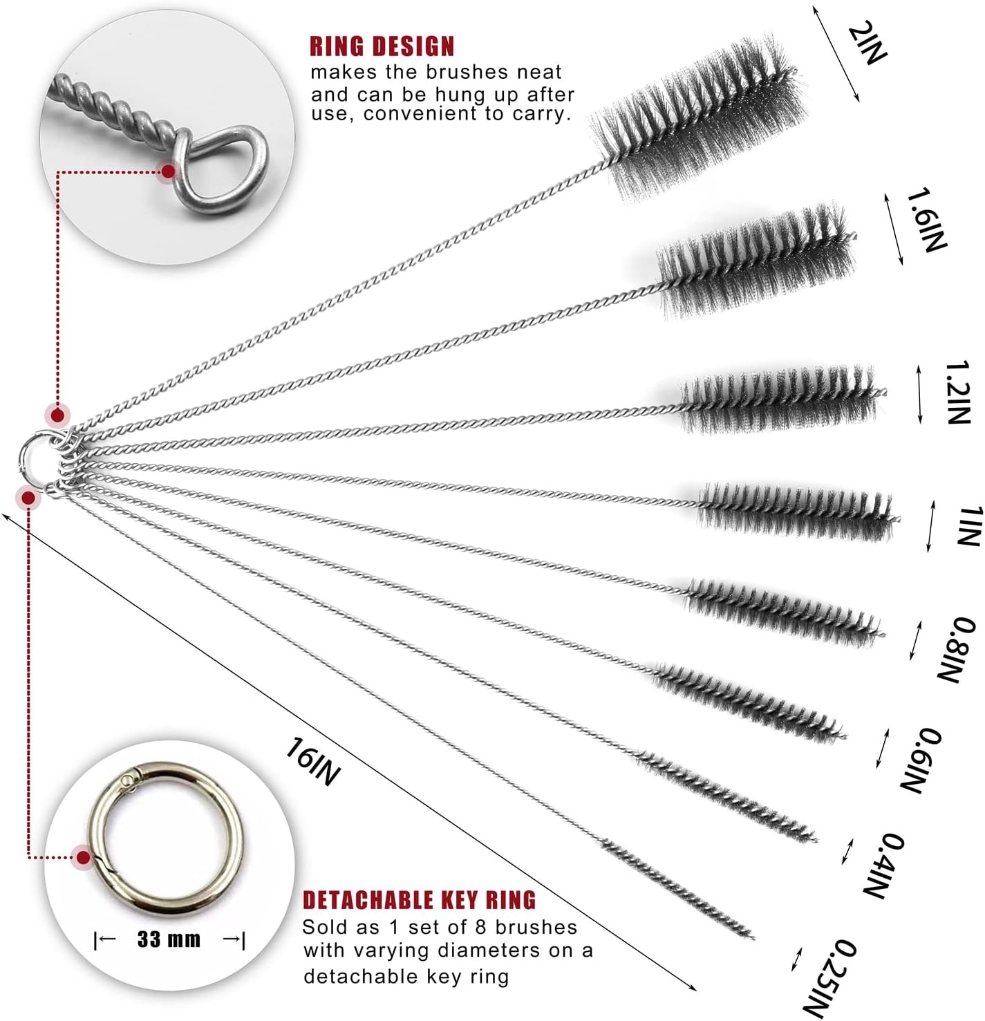 16in Stainless Steel Pipe Brush 8 Pack for Tube Bottle Auto Parts Cleaning