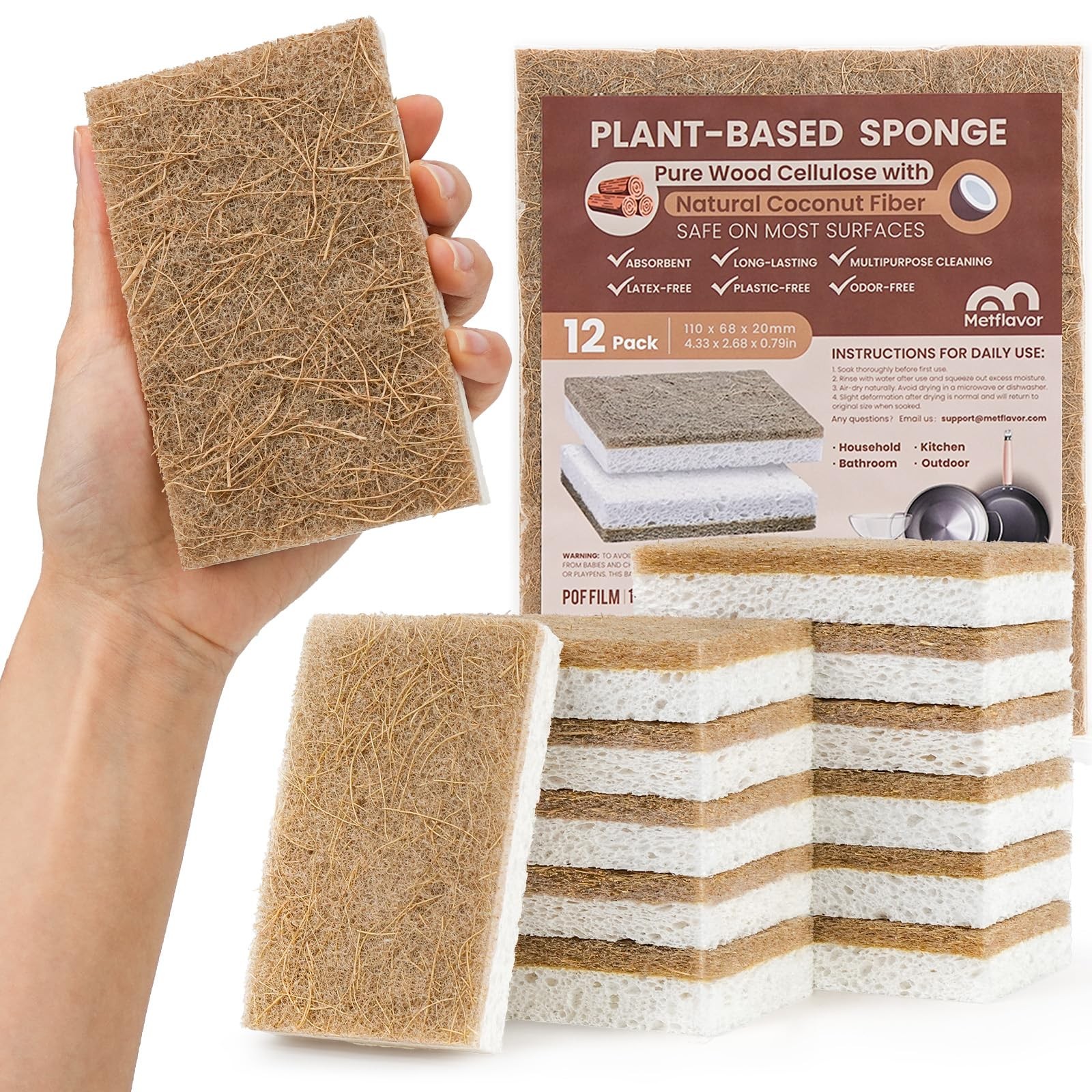 Natural Kitchen Sponge PlantBased Biodegradable Cellulose Walnut Dish 12 PCS