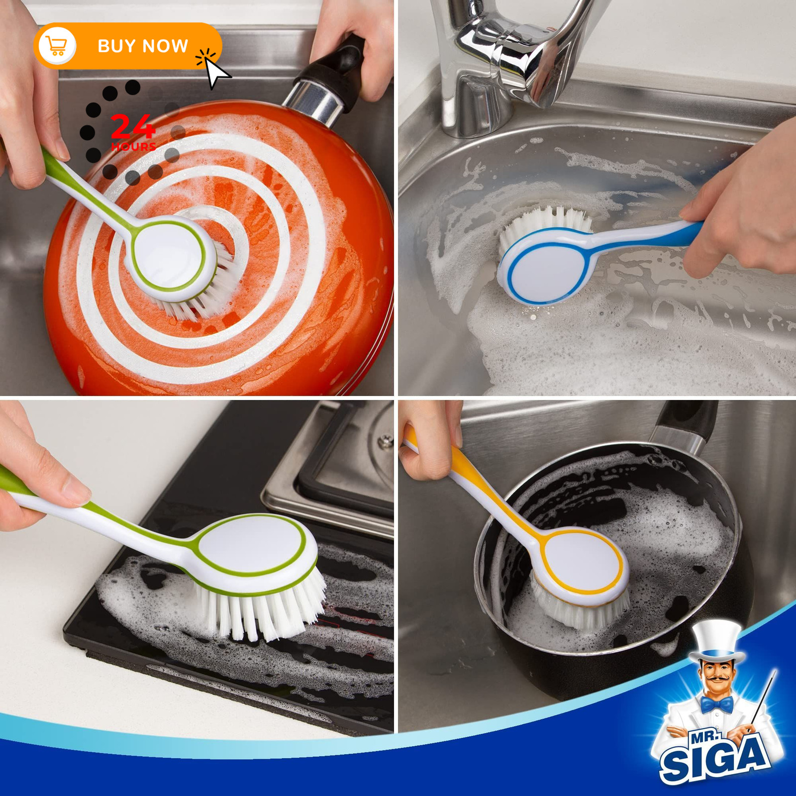 MR.SIGA Round Dish Brush, Size: Dia 6.5 X 5.5 X 25 cm, Green, Blue, Orange