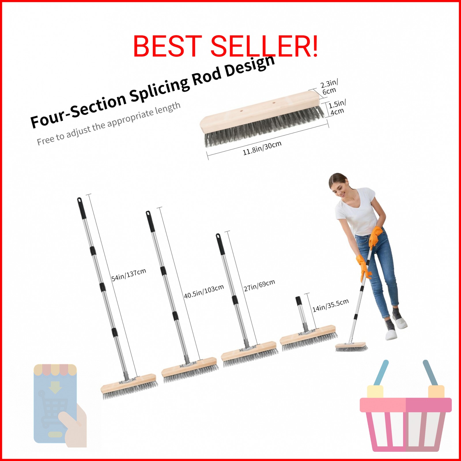 ETOUPA Stainless Steel Wire Scrub Brush with Long Handle, Heavy Duty Floor Scrub