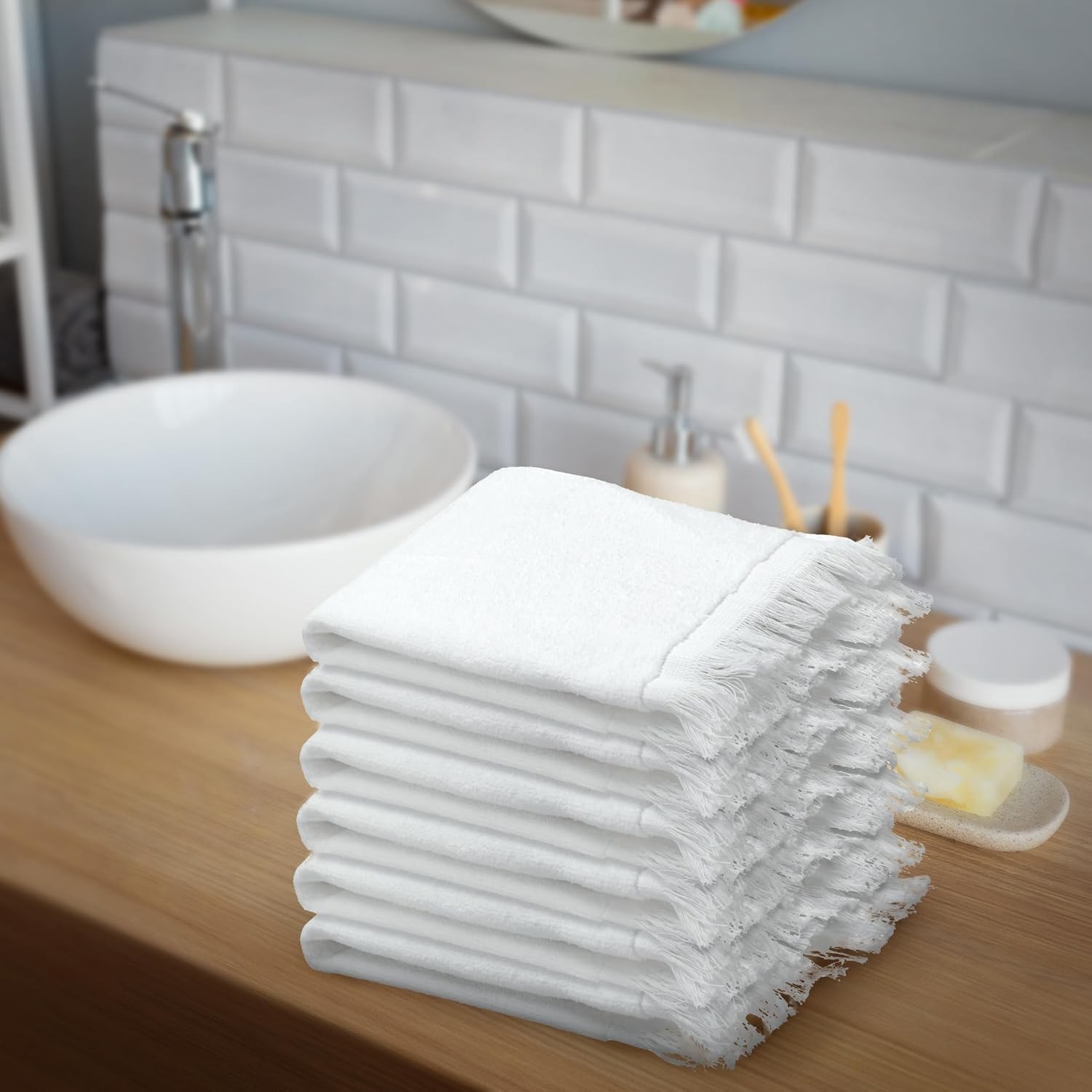 12 Pack – Hemmed Fringed Reversible Fingertip Terry Towel (Size 11″ W x 18″ L),