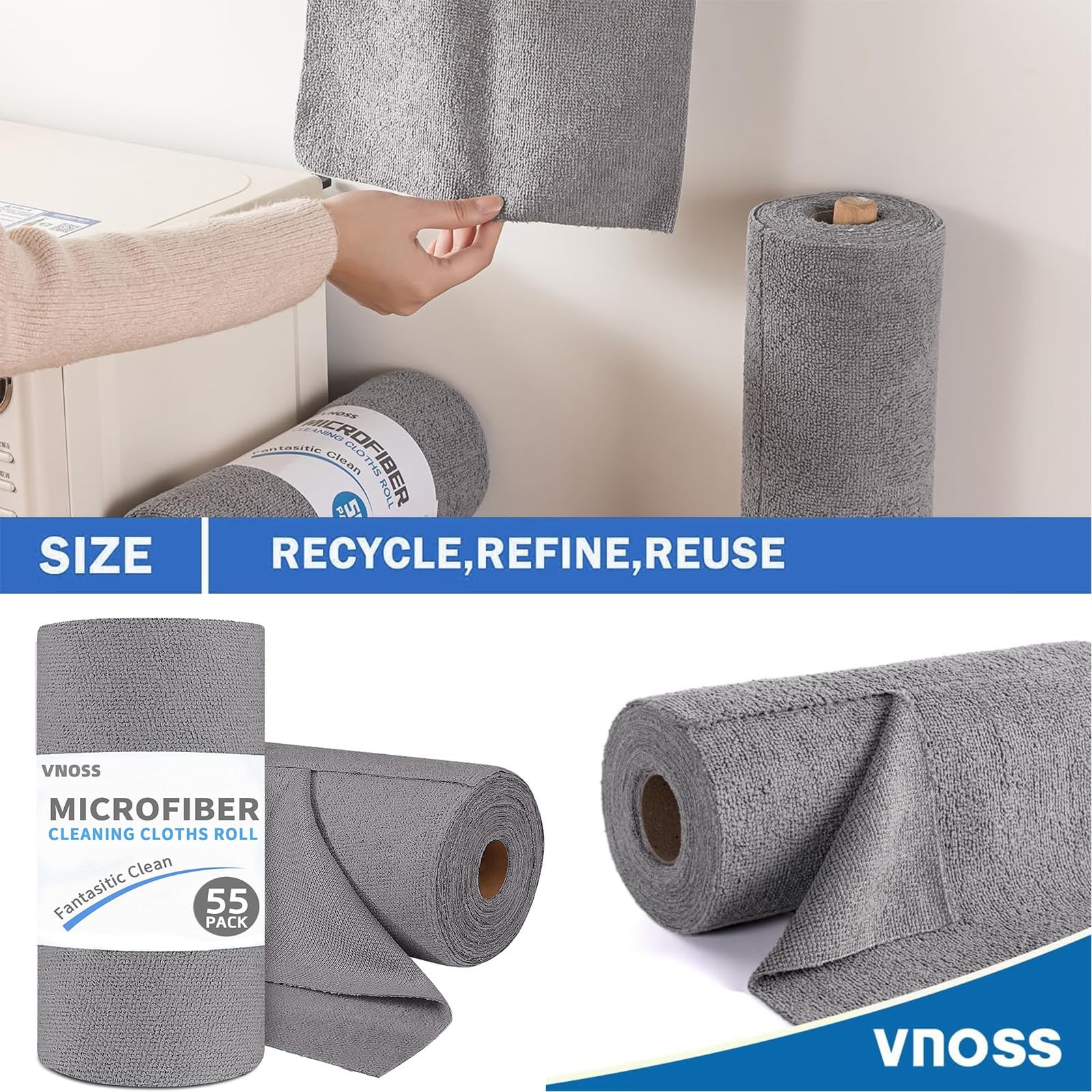 Vnoss 55 Pack Microfiber Cleaning Cloth Roll, Tear Away 9”X11”-55PK, Grey
