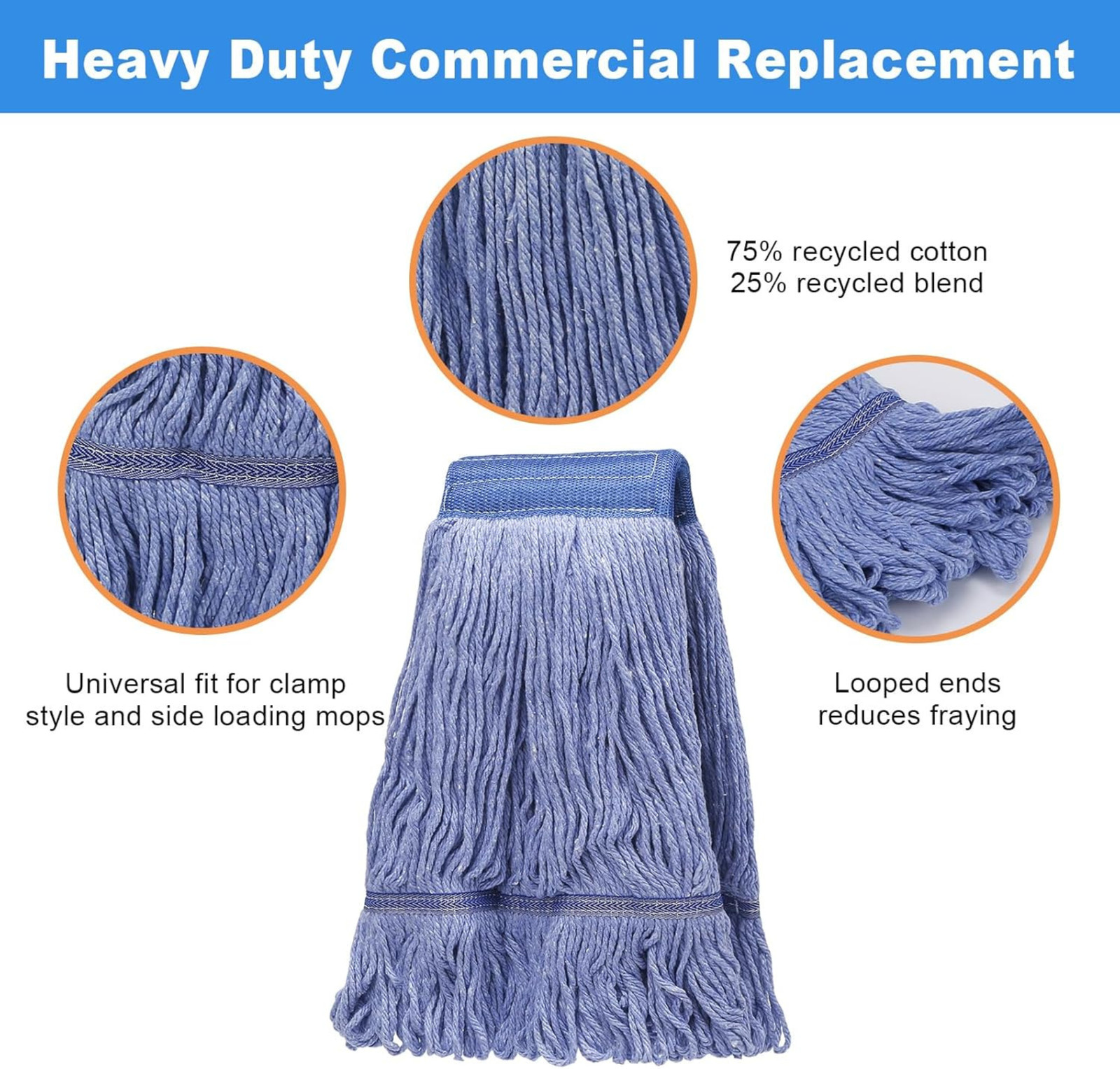 2 Pack Mop Head Replacement, Heavy Duty Commercial Blue Cotton Mop