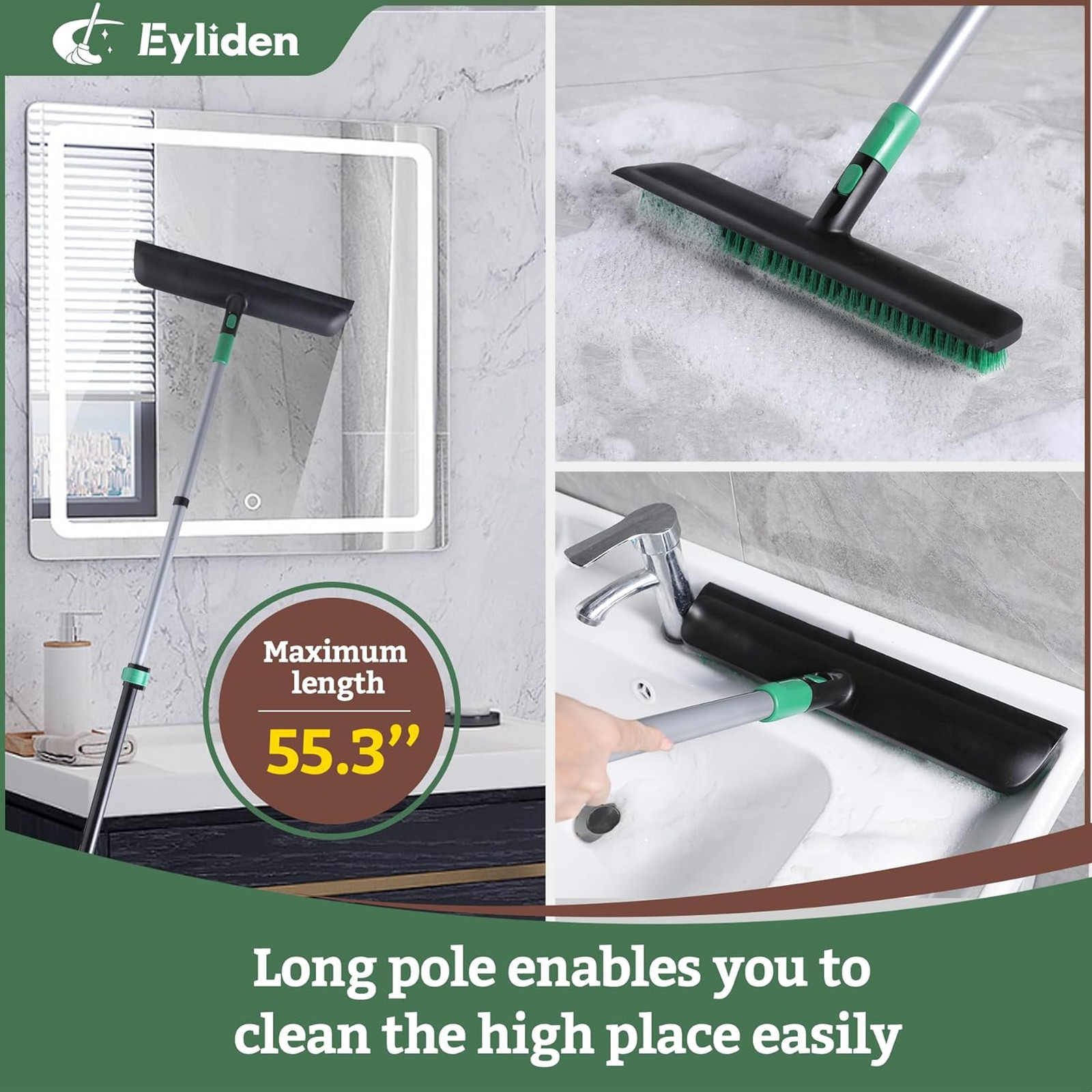 Floor Scrub Brush, 15 Inch Wide Head with Rubber Squeegee, Telescoping Handle