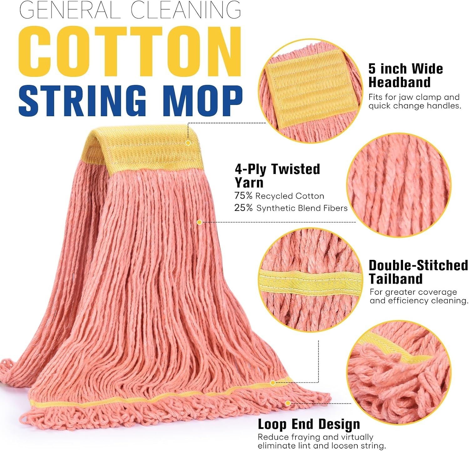 Efficient 5-Inch Wide Mop Head – 24 oz Cotton Blend Mop for Heavy-Duty Cleaning