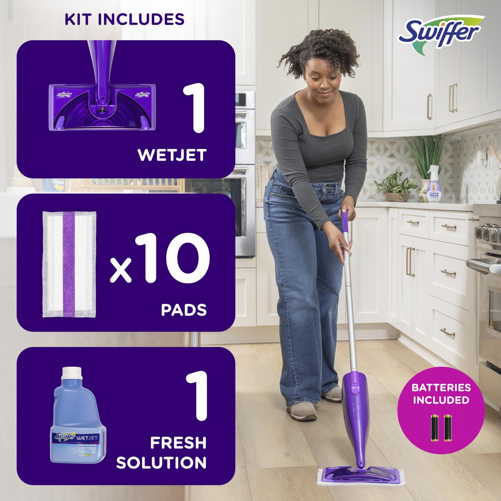 Swiffer WetJet Hardwood and Floor Spray Mop Cleaner Starter 1 Kit, Purple