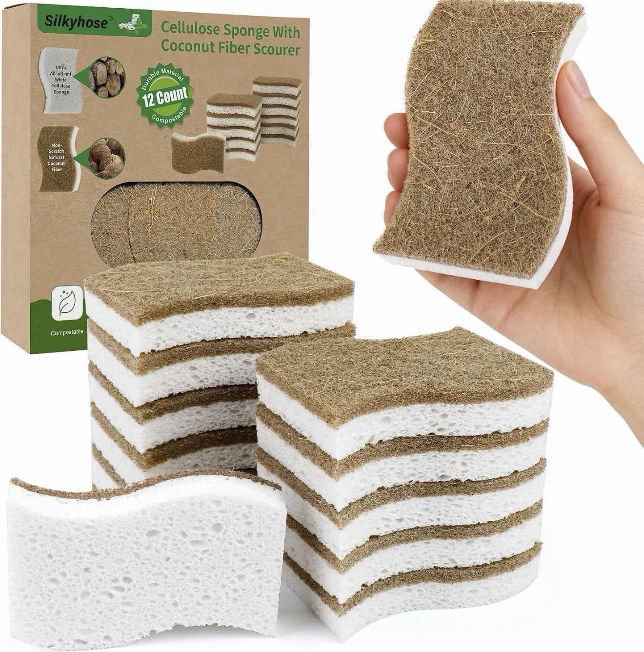 Natural Kitchen Sponges, Biodegradable & Compostable | Non-Scratch Cellulose