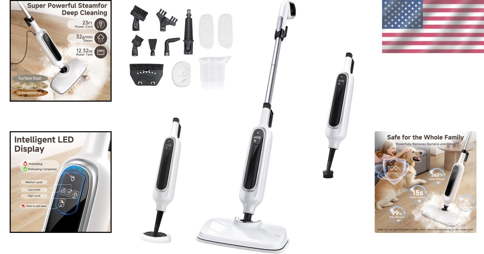 Powerful Steam Mop with Adjustable Height and LED Display – Fast 15s Heat