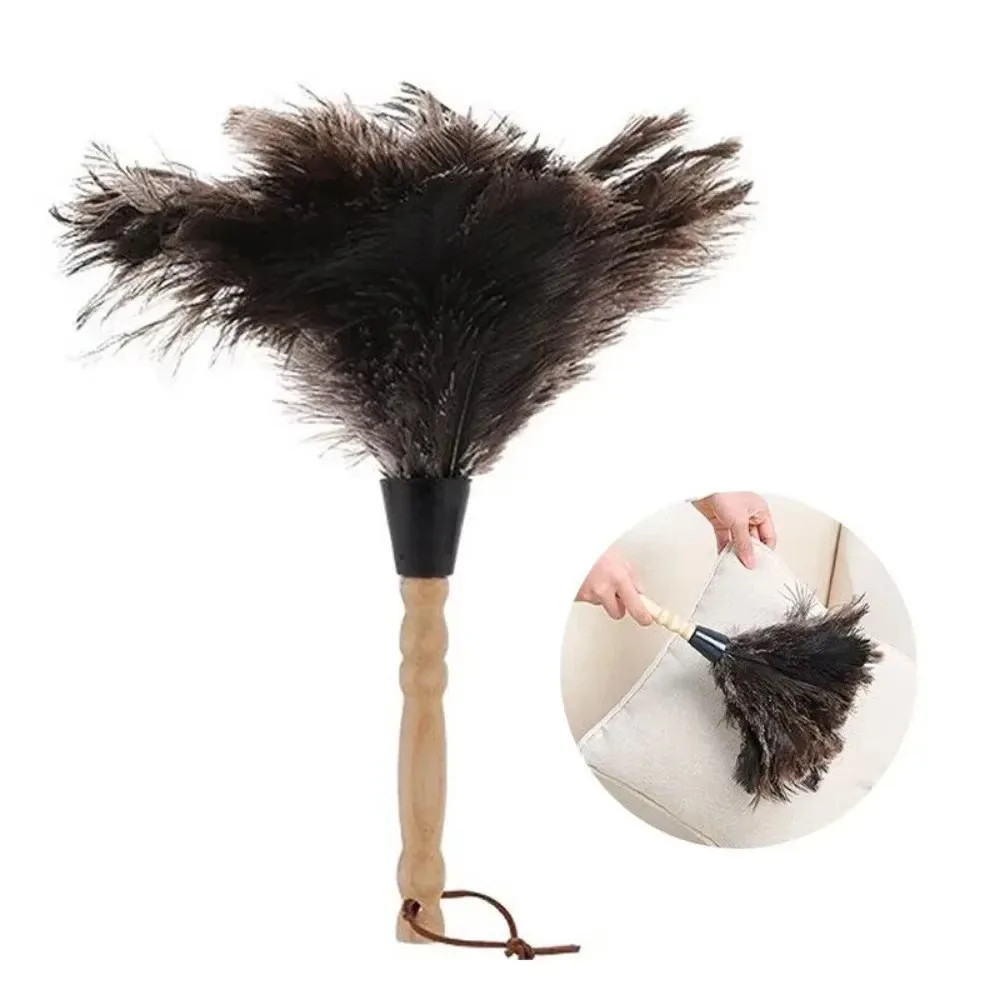 Ostrich Feather Duster with Wooden Handle Anti-Static Dust Removal Home Cleaning