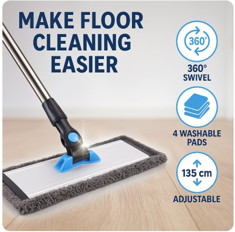Microfiber Flat Mop for Floor Cleaning Tile Wood Vinyl Laminate +4 Washable Pads