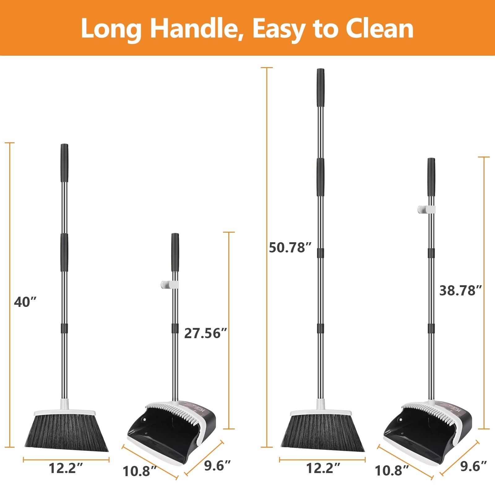 Heavy Duty Broom and Dustpan Set | 51″ Long Handle, Self-Cleaning, Indoor Outdoo