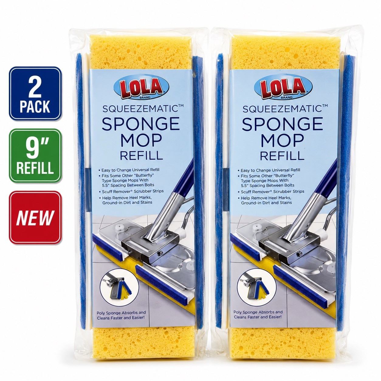 LOLA SqueezeMatic Butterfly Sponge Mop Refill 9″ Super Absorbent Head – 2 Count