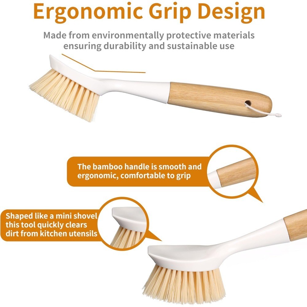 2 Pack Dish Scrubber Brush with Bamboo Handle and Built-in Scraper for Pots Pans