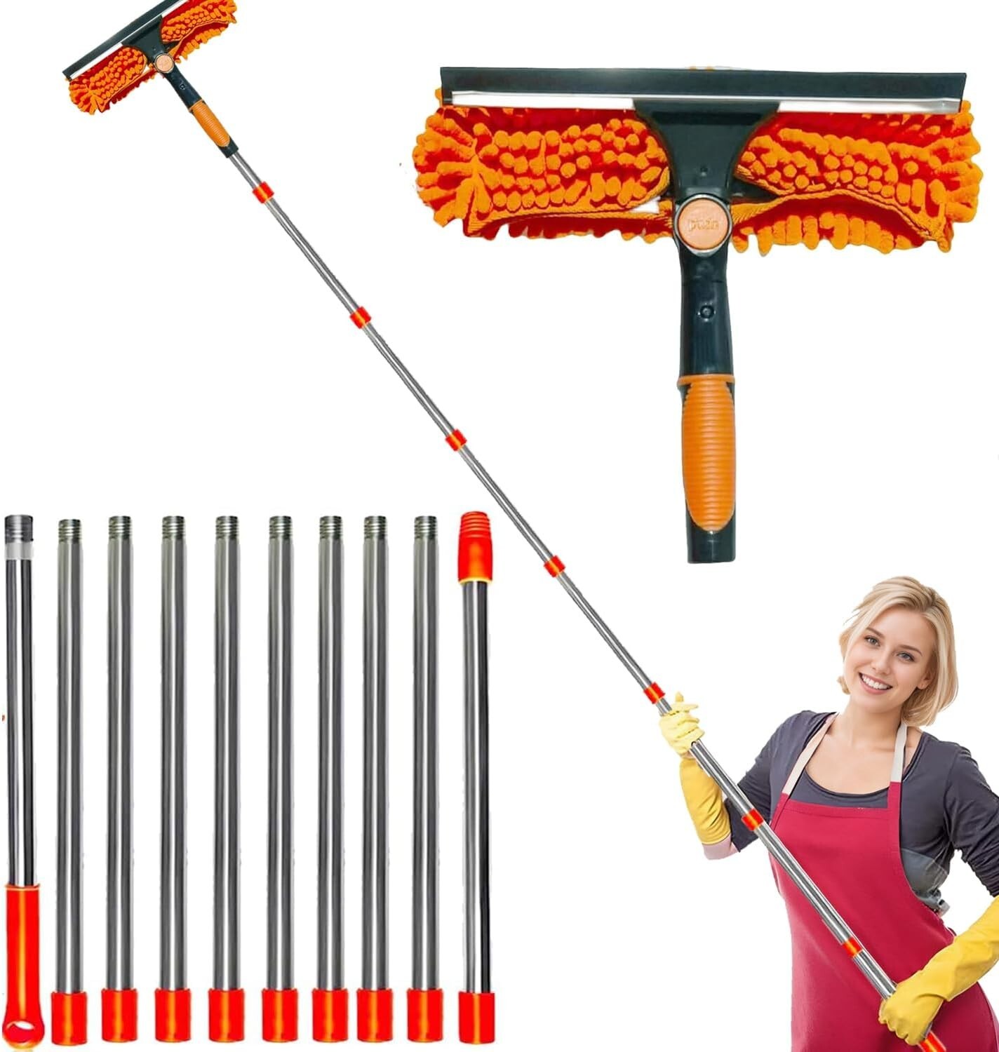 2-in-1 Window Cleaner Kit with 3-14 Ft Extension Pole for Indoor/Outdoor Use