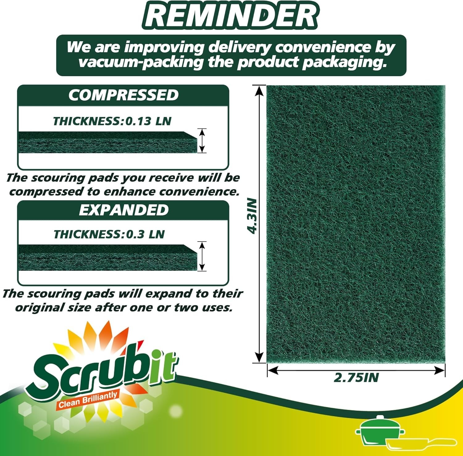 Heavy Duty Scouring Pads, Non-Scratch, Reusable, Green, 50 Count