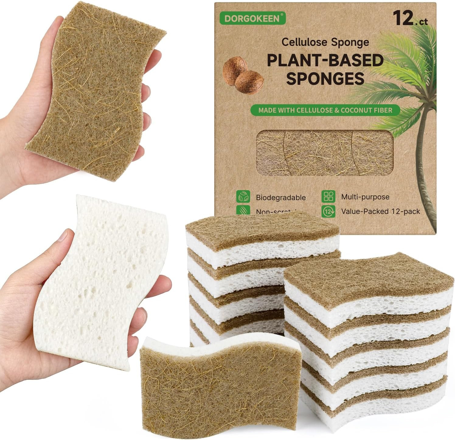 12 Pack Biodegradable Kitchen Dish Sponges, Natural Plant-Based Coconut Fiber