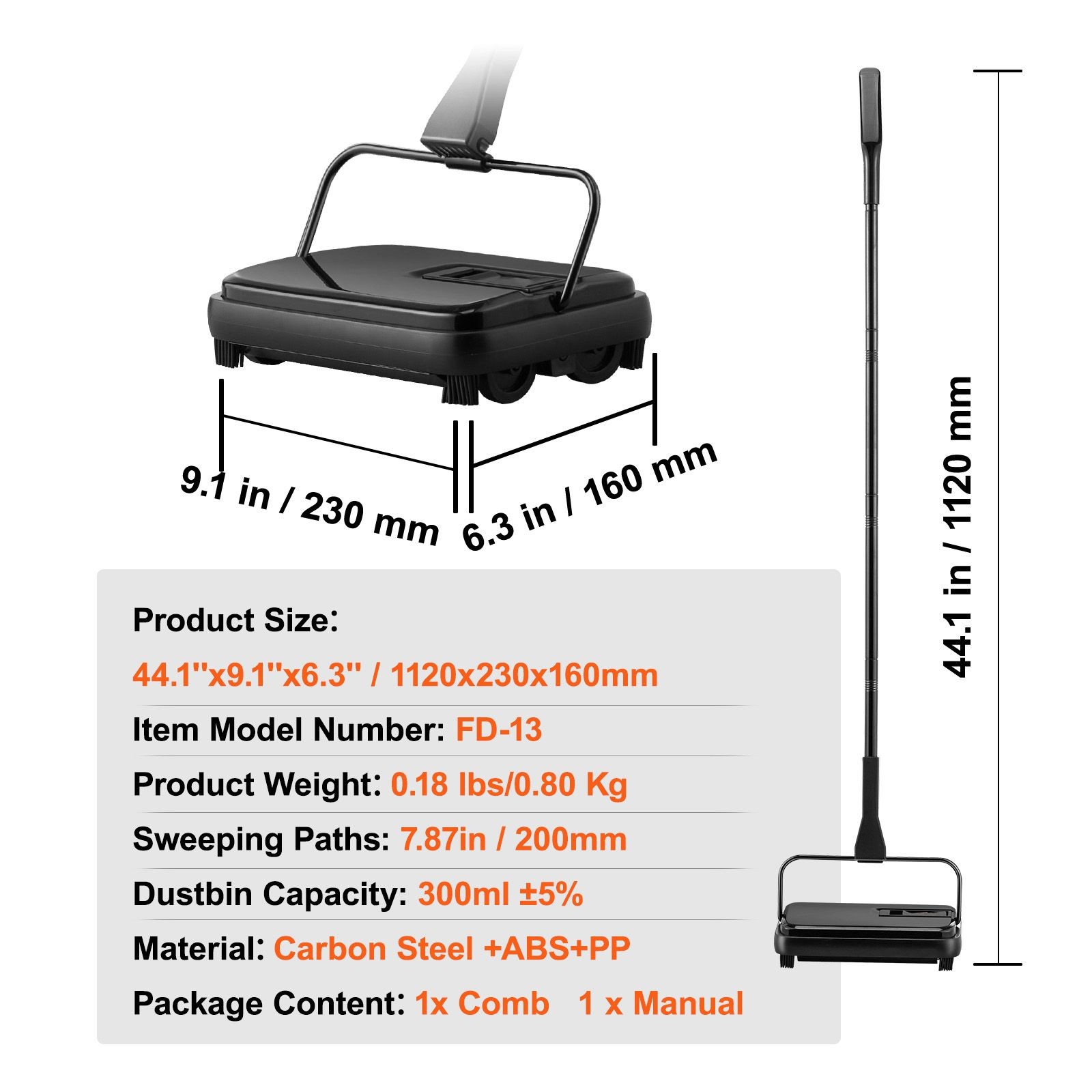 Carpet Sweeper, 7.87 in Sweeping Paths, Floor Sweeper Manual Non Electric, 300 m