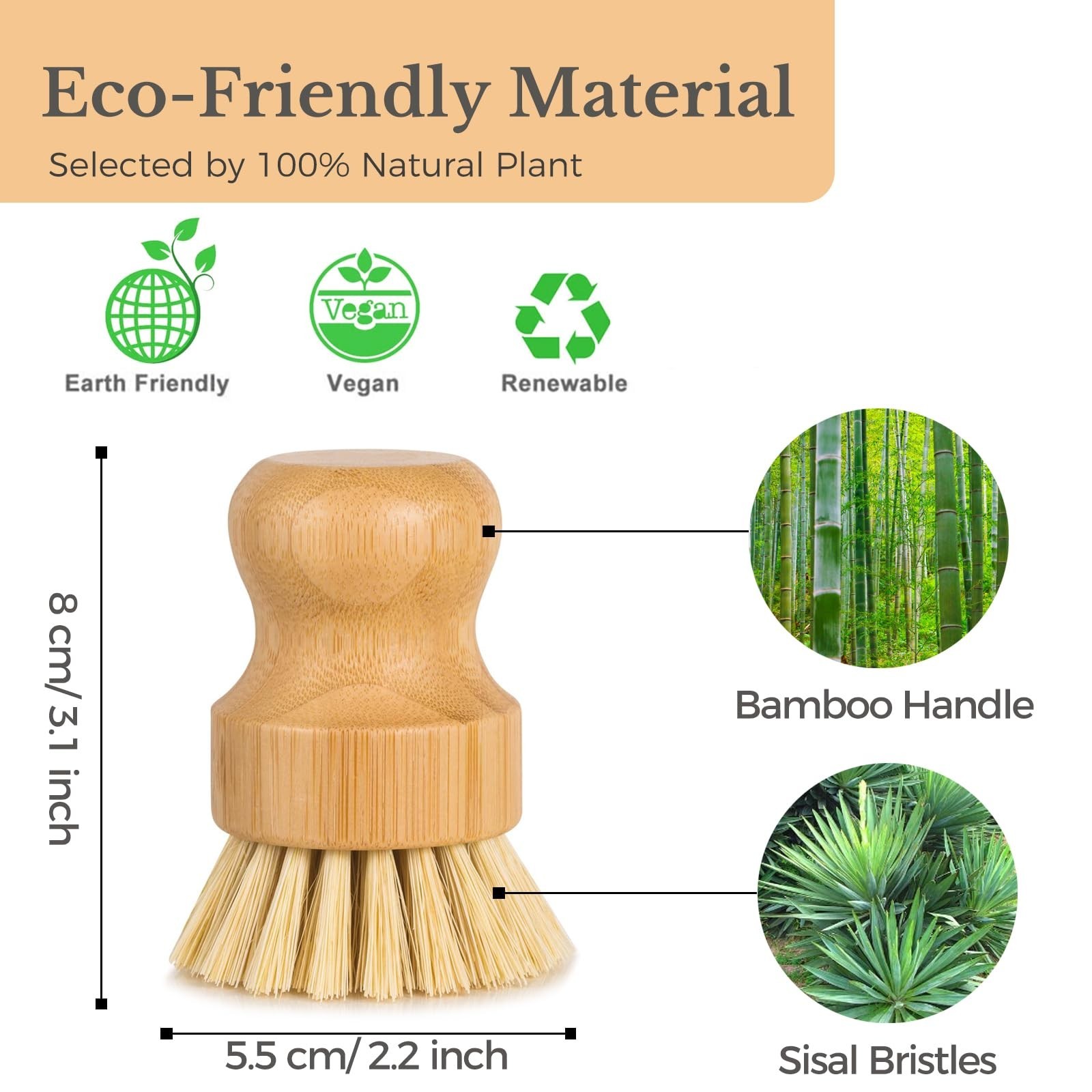 Bamboo Dish Brush, Eco Friendly Sisal Scrubber Brush with Ceramics Holder-Woo…