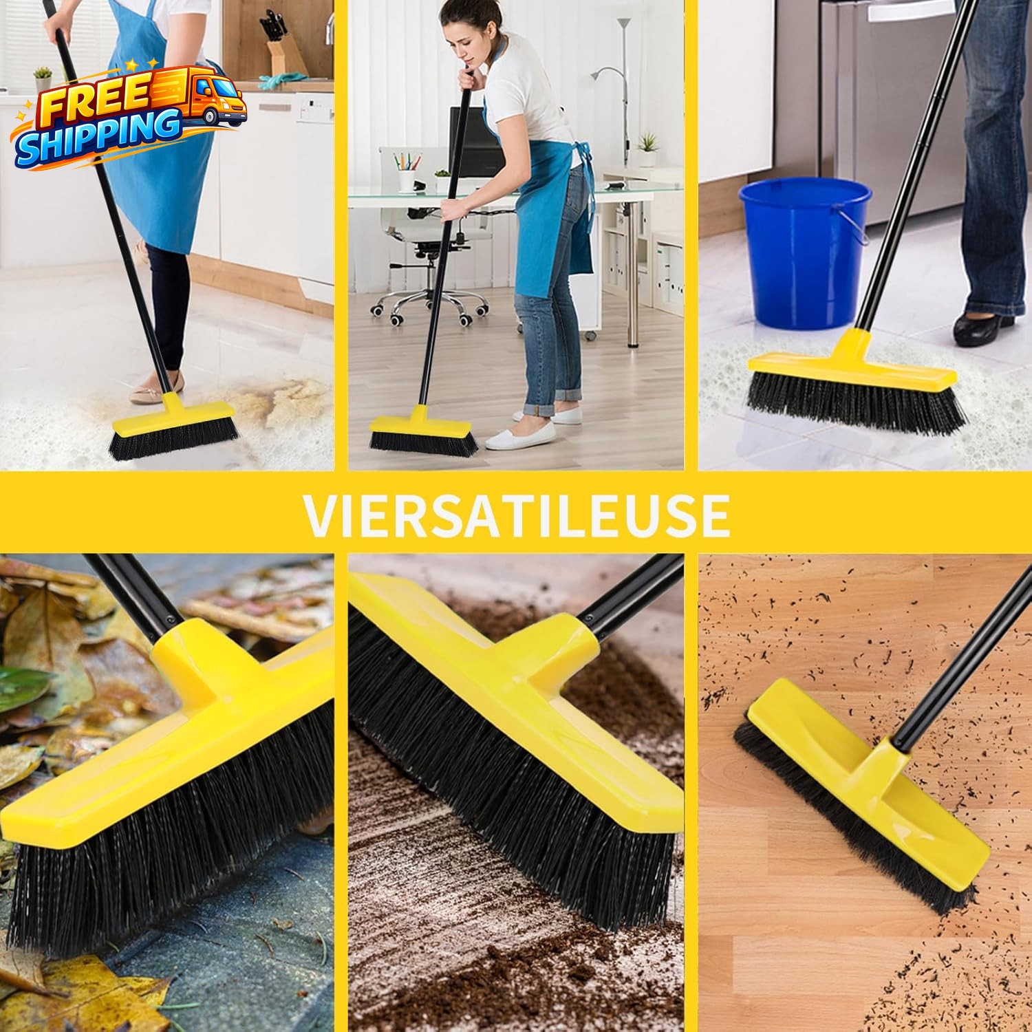 Push Broom Outdoor Indoor Broom 12 Wide 50 Long Handle with Stiff Bristles